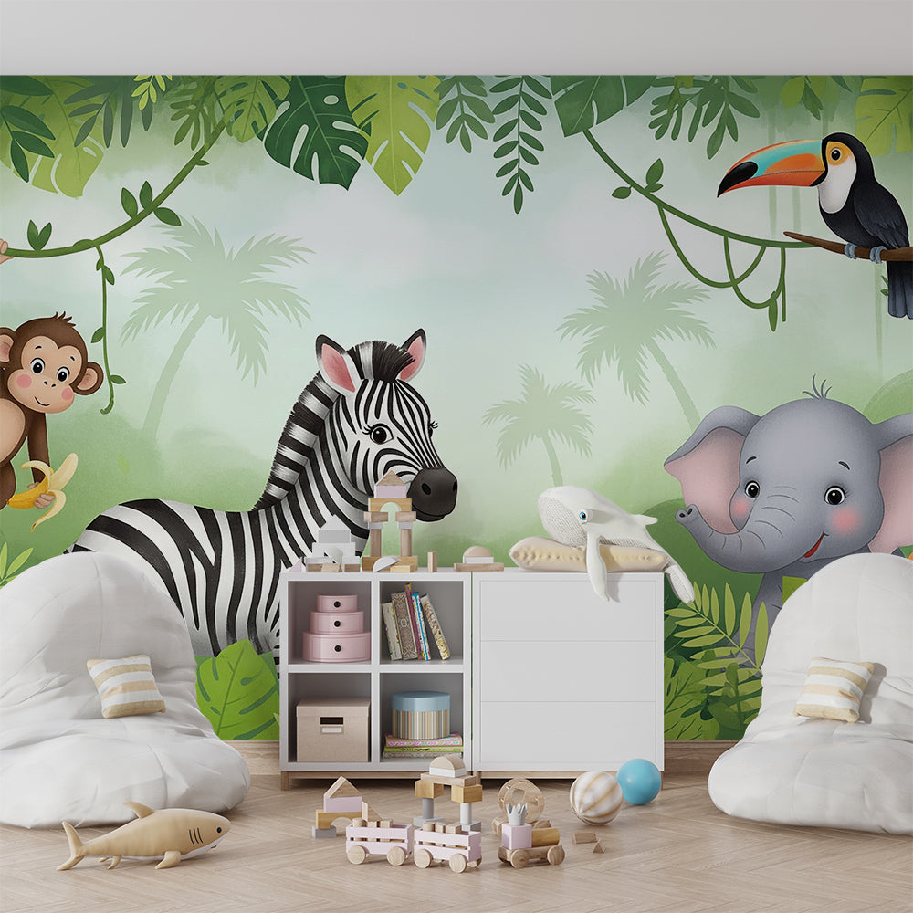 Kids-Mundo playful jungle wall mural with monkey, zebra and toucan shown in a playroom