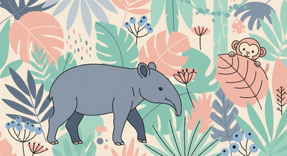 Kids-Mundo flat artwork of a grey tapir and a peeking monkey among pastel jungle leaves.