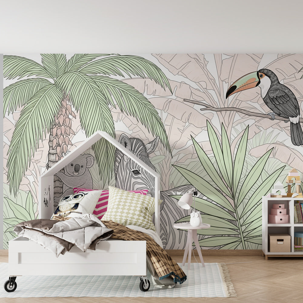 Kids-Mundo koala zebra toucan wall mural on a feature wall in a kids bedroom