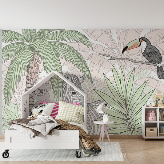 Kids-Mundo koala zebra toucan wall mural on a feature wall in a kids bedroom