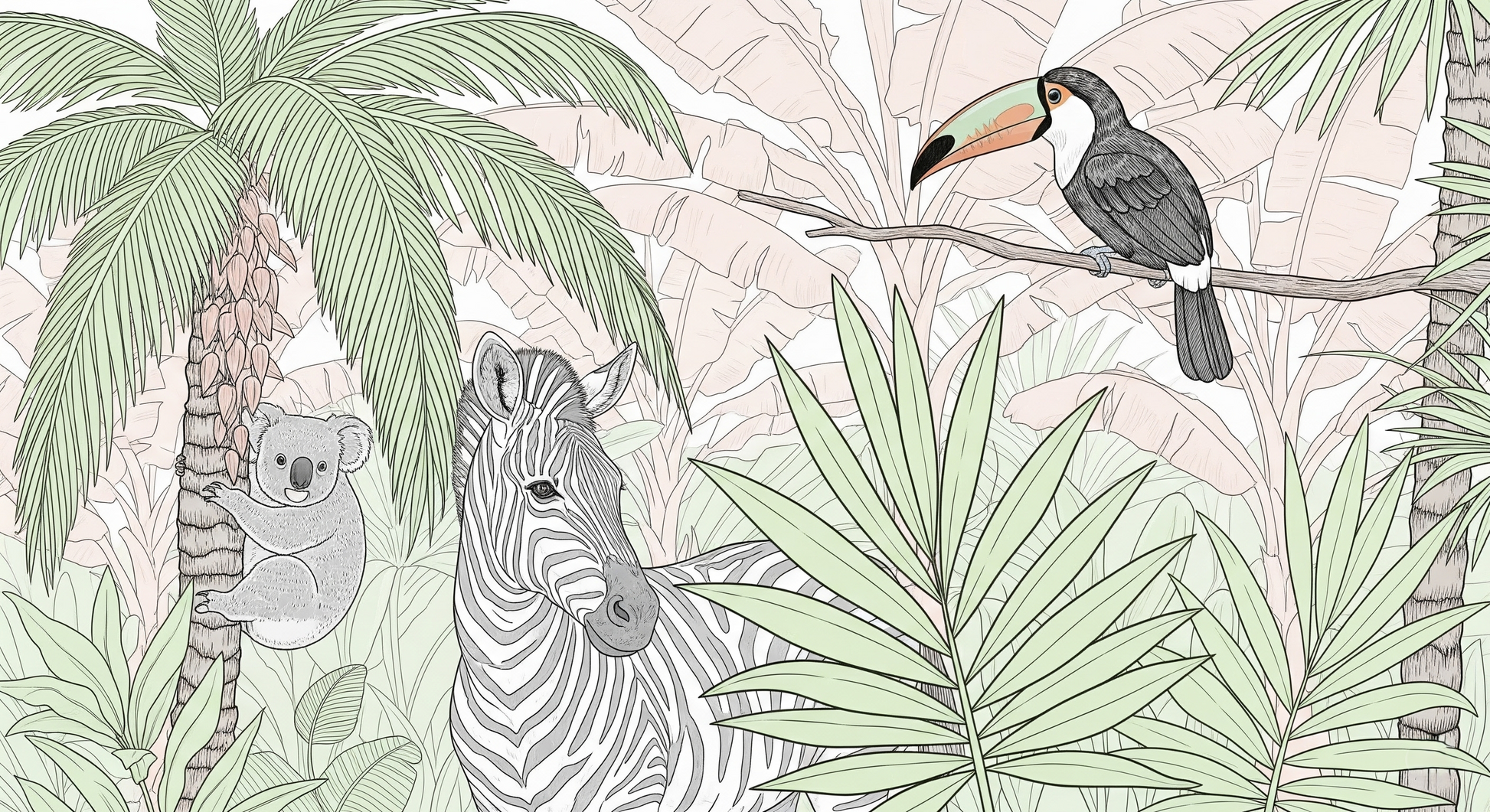 Kids-Mundo flat artwork preview of the pastel koala, zebra and toucan wall mural design