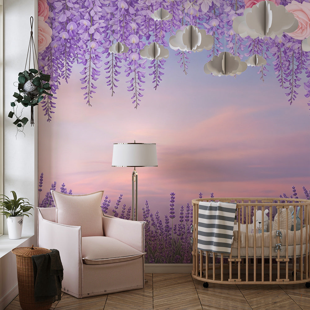 Kids-Mundo floral wreath wall mural covering a girl's bedroom feature wall with roses and lavender