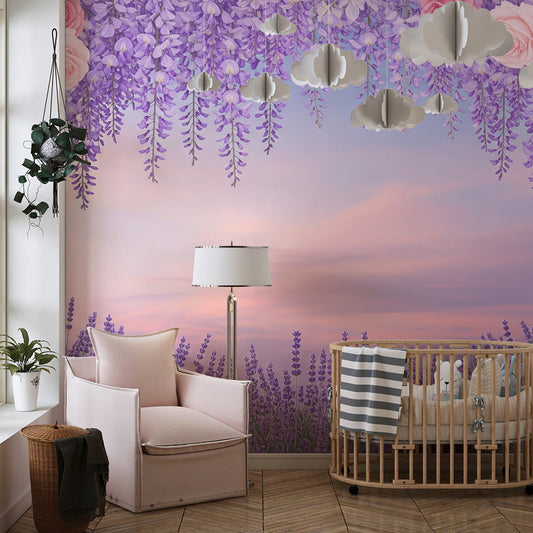 Kids-Mundo floral wreath wall mural covering a girl's bedroom feature wall with roses and lavender