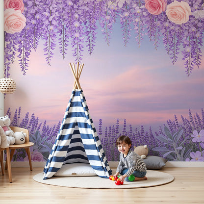 Kids-Mundo pastel lavender and rose wreath wall mural made to measure in a soft pink nursery room