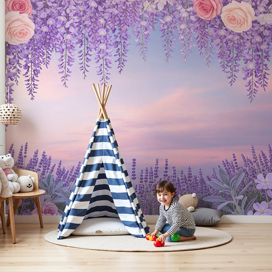Kids-Mundo pastel lavender and rose wreath wall mural made to measure in a soft pink nursery room