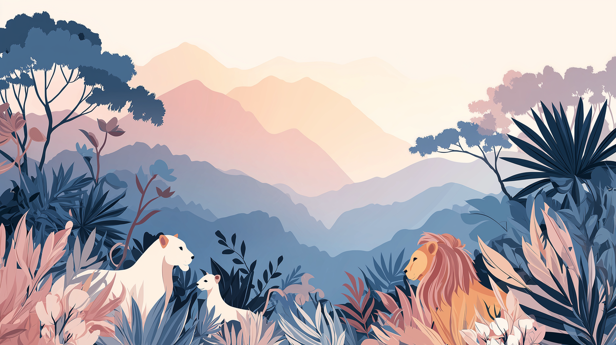 Lion Family in Misty Pastel Mountains Wall Mural