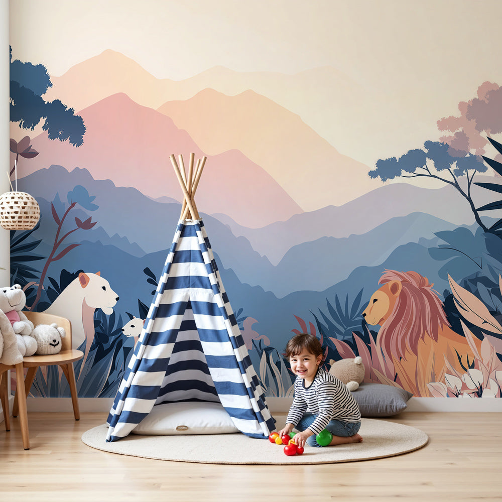 Pastel lion family mountain wall mural by Kids-Mundo styled in a soft-toned nursery