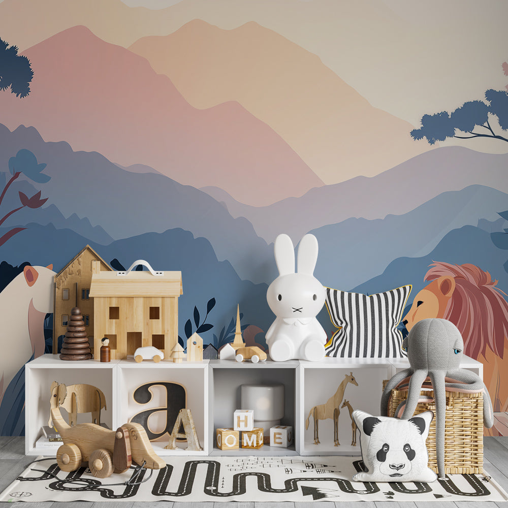 Misty mountain lion wall mural by Kids-Mundo decorating a bright children's playroom