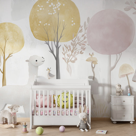 Pastel forest wall mural with llama by Kids-Mundo covering a wall in a child's bedroom.
