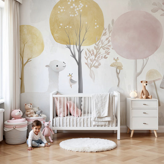 Kids-Mundo pastel llama forest wall mural styled softly in a dreamy baby nursery room.