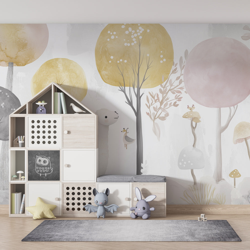 Kids-Mundo whimsical forest wall mural bringing soft colour to a children's playroom.
