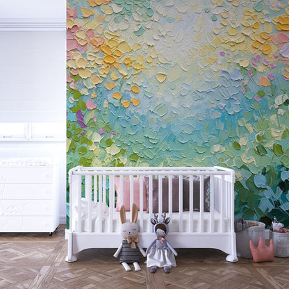 Kids-Mundo pastel meadow floral wall mural on a feature wall in a child's kids bedroom