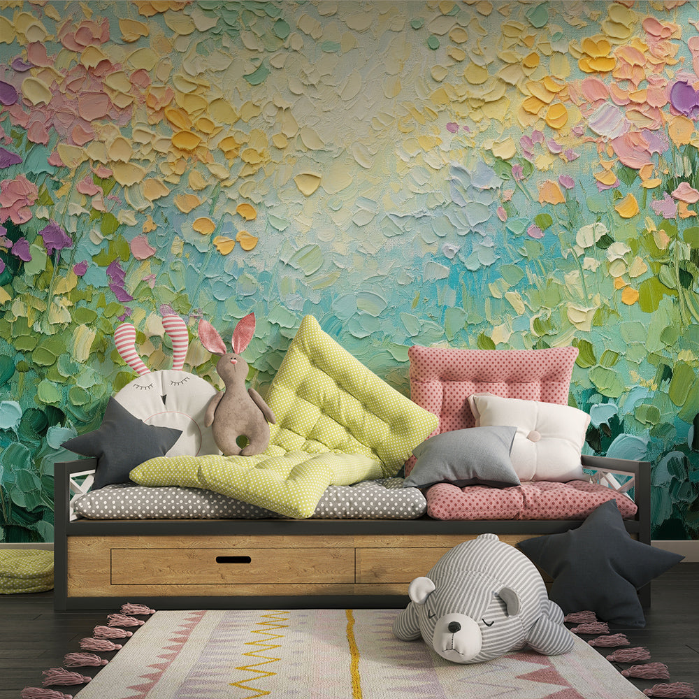 Kids-Mundo pastel meadow floral wall mural covering a wall in a bright children's playroom
