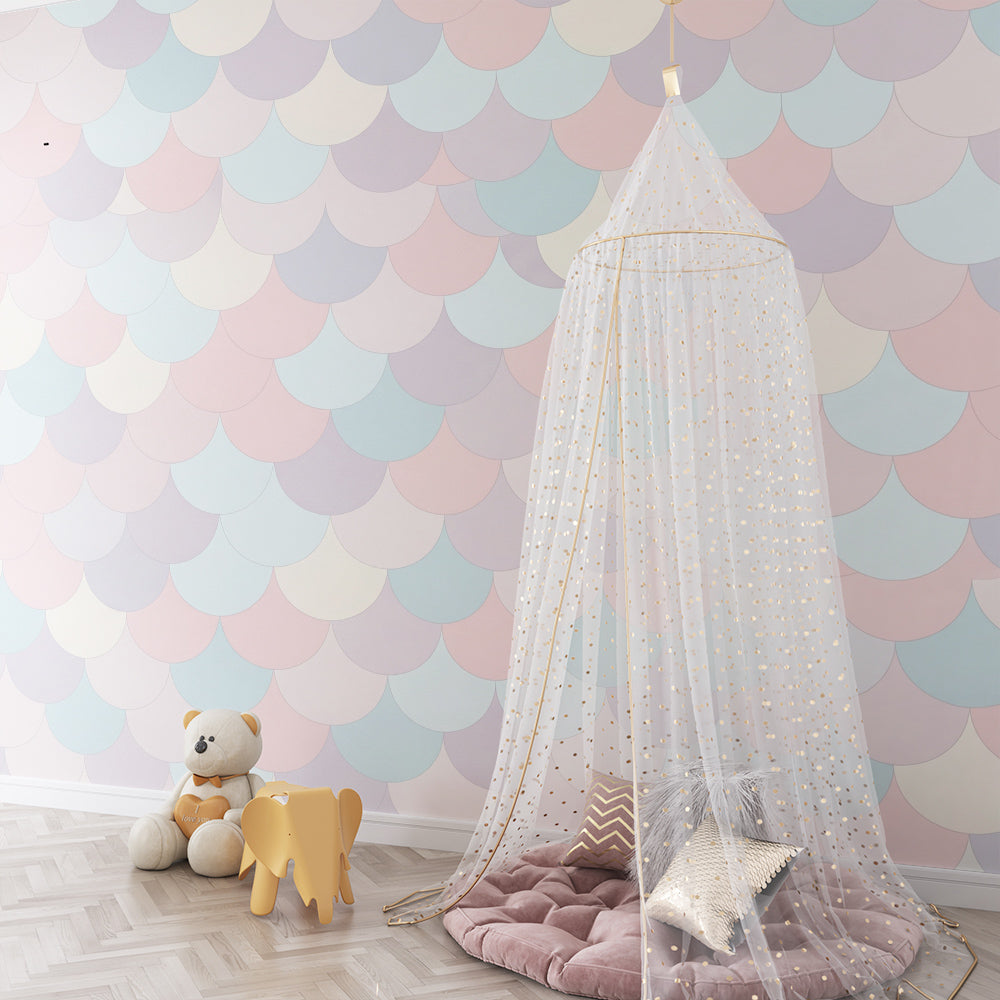 Pastel mermaid scale wall mural by Kids-Mundo on a feature wall in a bright kids bedroom
