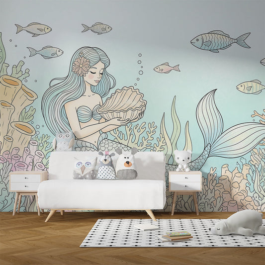 Kids-Mundo mermaid wall mural covering a kids bedroom wall beside a bed and bookshelf