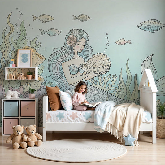 Kids-Mundo mermaid wall mural in a soft pastel nursery behind a cot with fish and coral
