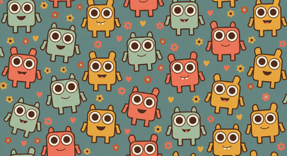 Flat artwork of the Kids-Mundo pastel monster wall mural design with flowers, hearts and a teal backdrop.
