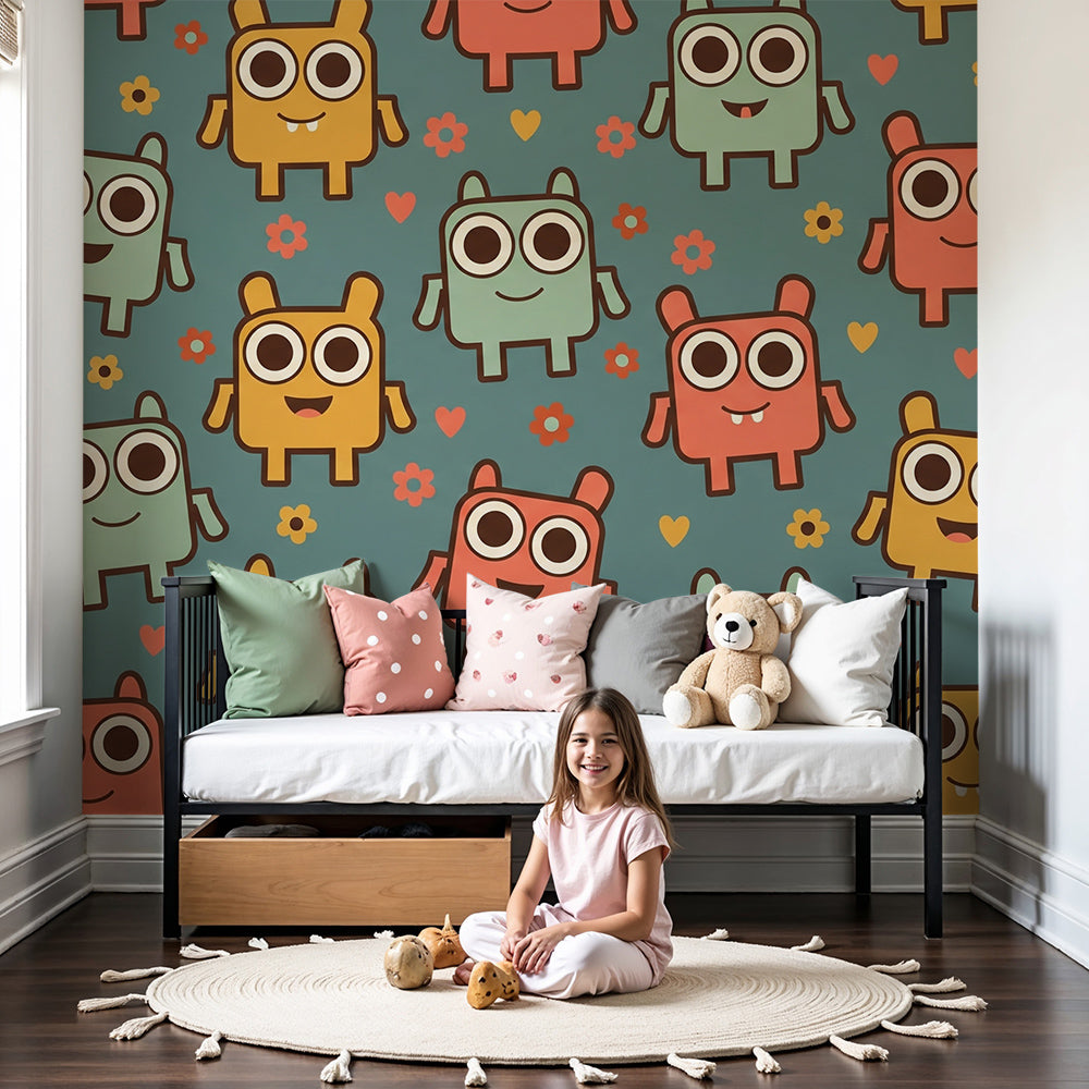 Nursery wall featuring a Kids-Mundo pastel monster wall mural with flowers and hearts above a cot.