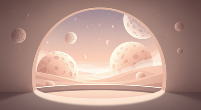 Kids-Mundo flat artwork of pastel cratered moons and stars over dune-coloured hills.