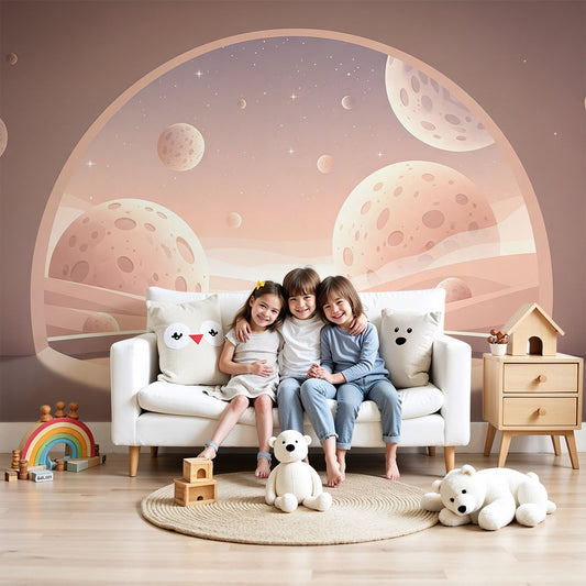 Kids-Mundo pastel moon and stars wall mural in a soft pink nursery with a cot and gentle lighting.