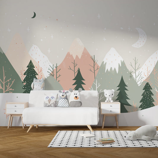 Kids-Mundo mountain forest wall mural on a kids bedroom wall, creating a starlit night-time scene.