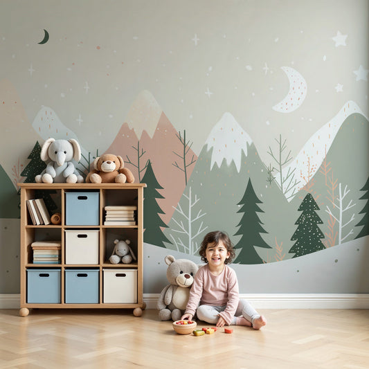 Kids-Mundo pastel mountain wall mural styled in a nursery, featuring starry peaks and a calm pine forest.