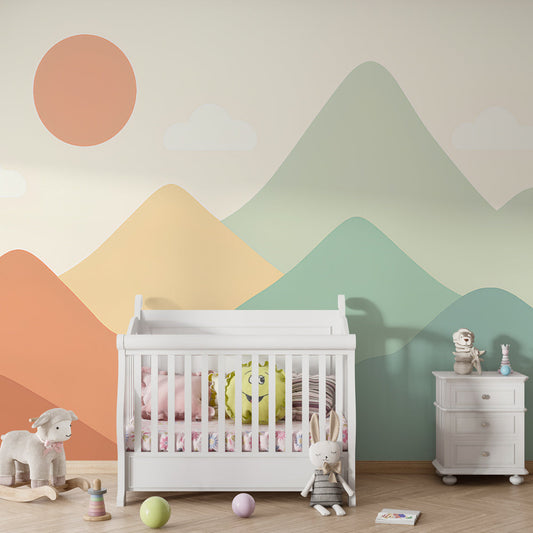 Kids-Mundo pastel mountain wall mural behind a bed in a cosy kids' bedroom