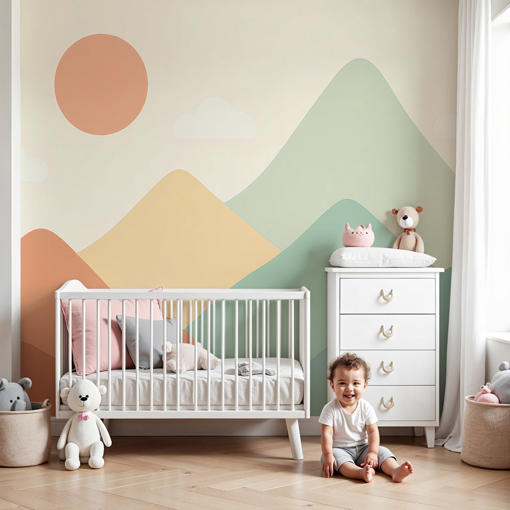 Kids-Mundo pastel mountain wall mural in a calm nursery with a wooden cot and soft rug