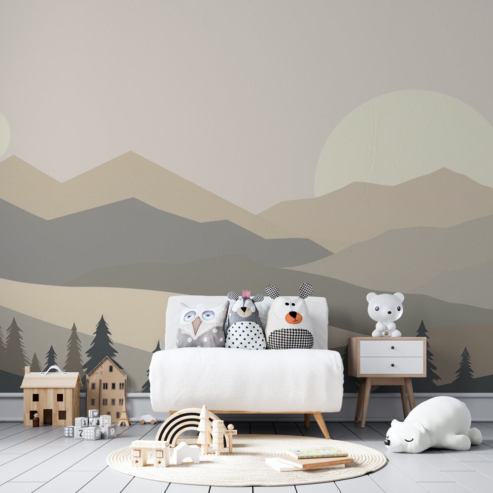 Modern geometric mountain wallpaper transforming kids playroom with soft beige tones