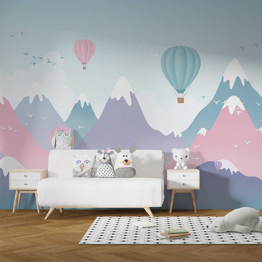 Kids-Mundo hot air balloon mountain mural on a feature wall in a bright kids bedroom