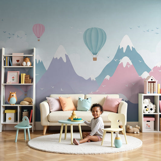 Kids-Mundo pastel mountain wall mural above a crib in a soft, calm nursery setting