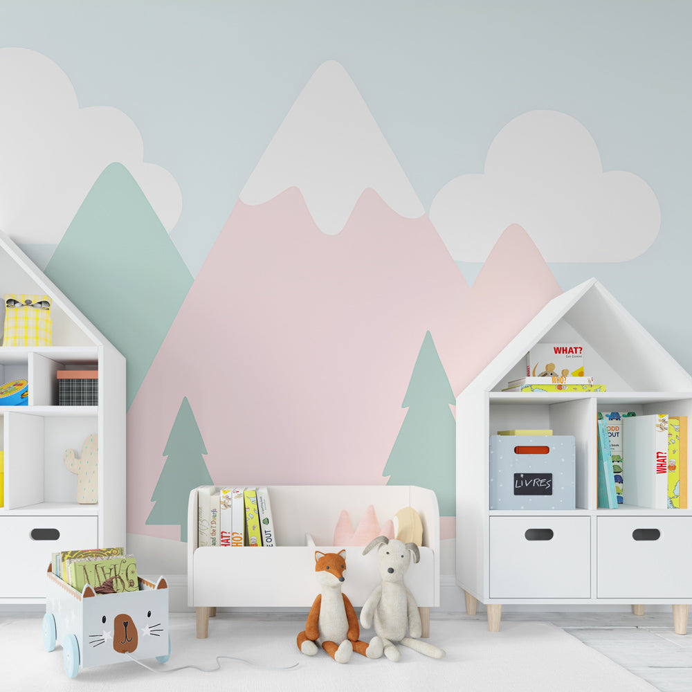 Mountain landscape wallpaper creating peaceful kids bedroom decor with mint and pink tones
