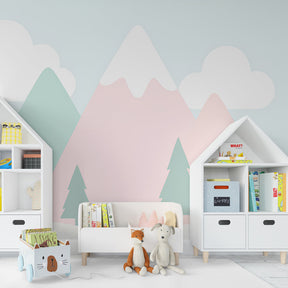 Mountain landscape wallpaper creating peaceful kids bedroom decor with mint and pink tones