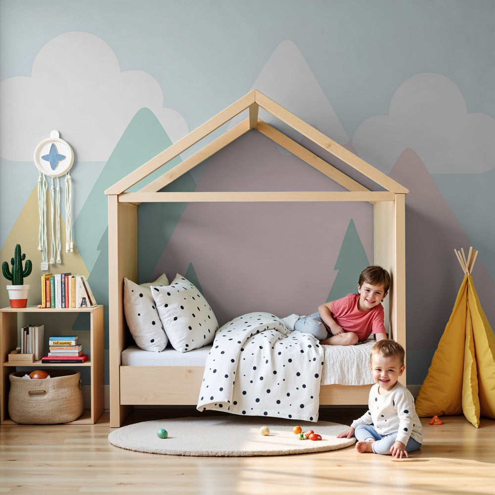 Pastel mountains mural wallpaper in modern nursery with soft clouds design by Kids-Mundo