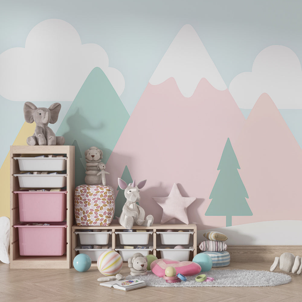 Nature-themed children's wallpaper with geometric mountains in bright playroom setting