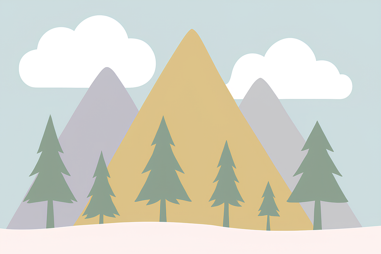 Kids-Mundo flat artwork of the pastel mountains and pine trees mural design