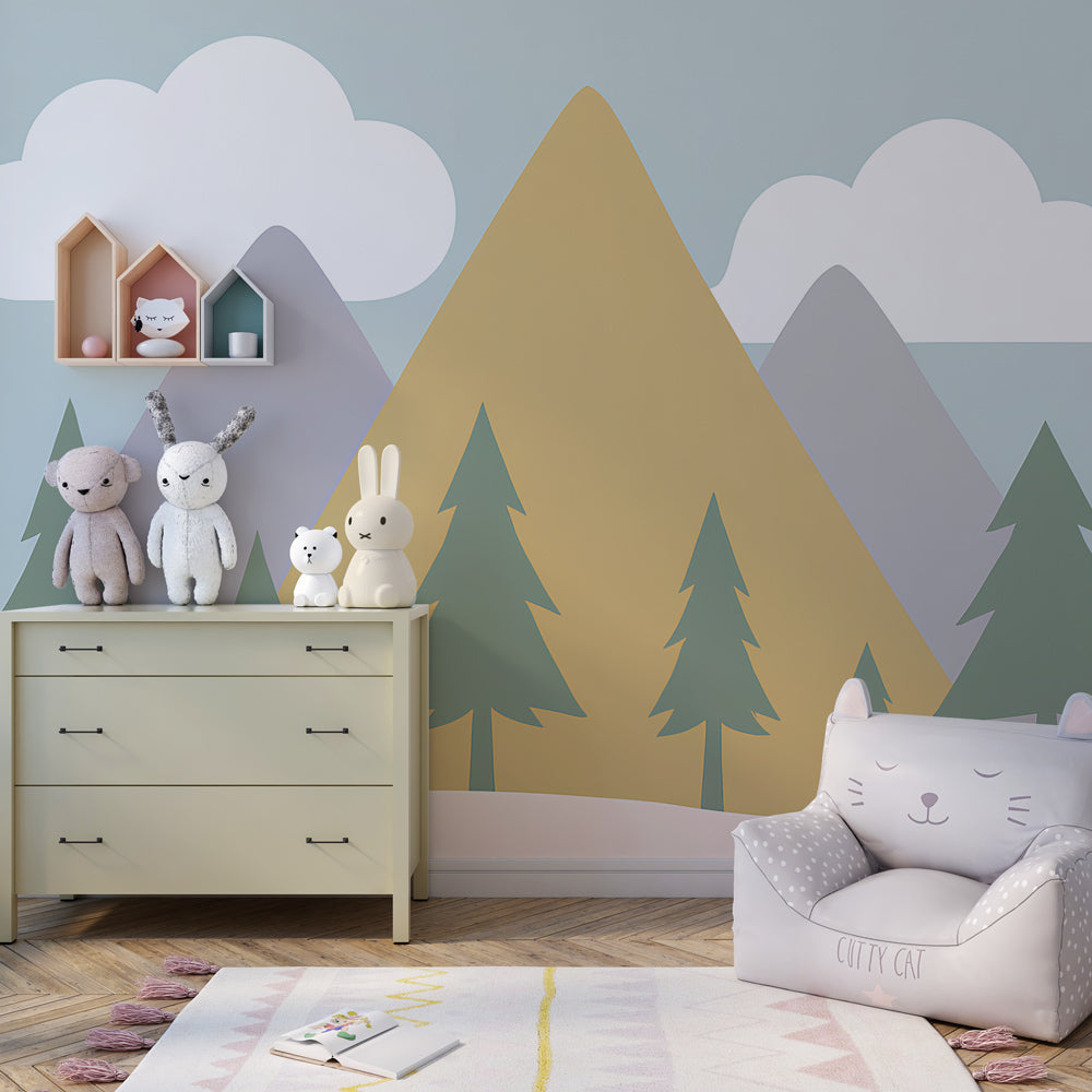 Kids-Mundo pine tree mural bringing calm pastel mountains to a playroom wall