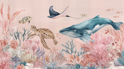Kids-Mundo flat artwork of a pastel underwater ocean scene with whale, turtle, ray and coral reef.