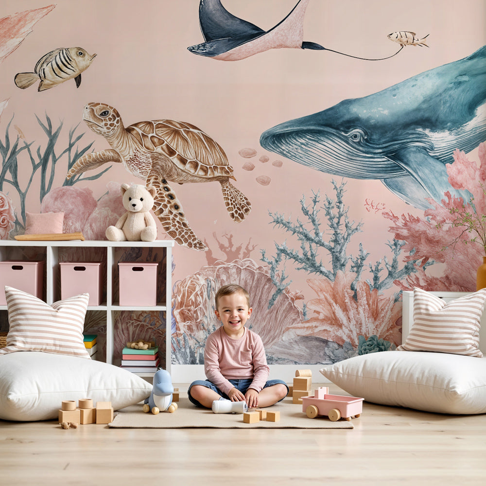Kids-Mundo pastel ocean wall mural styled in a calm nursery with whale, turtle and coral reef artwork.