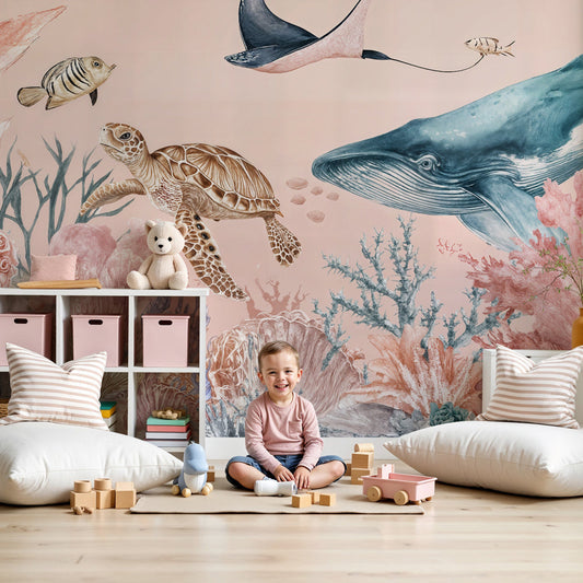 Kids-Mundo pastel ocean wall mural styled in a calm nursery with whale, turtle and coral reef artwork.