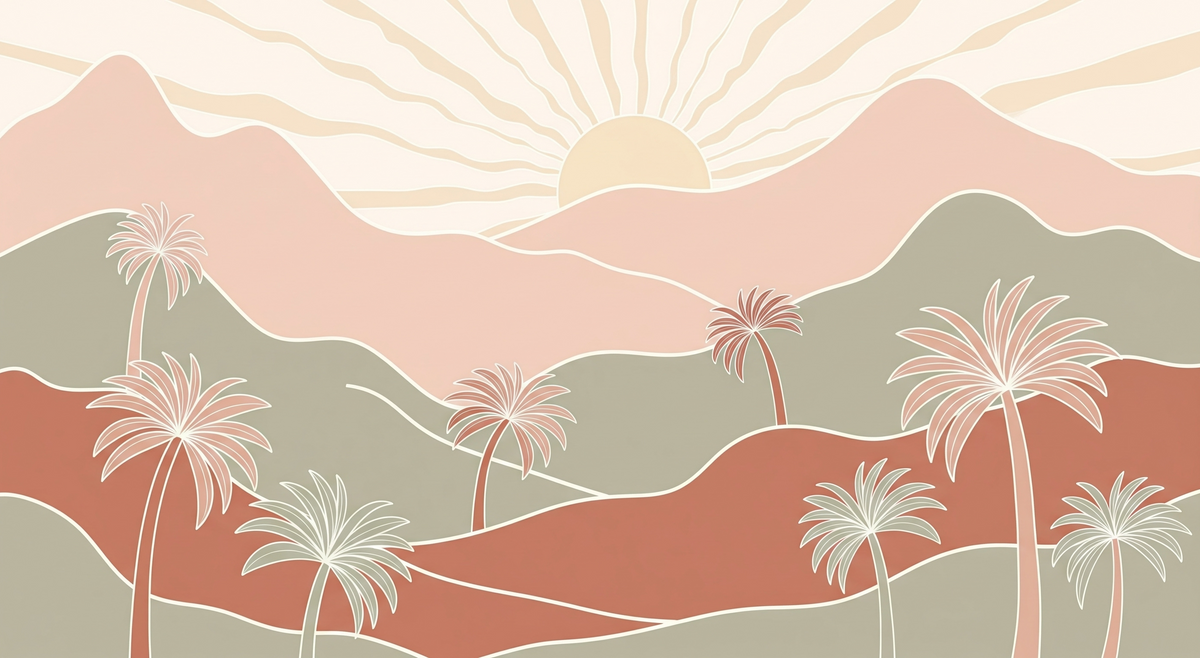 Pastel Desert Mountains with Palm Trees Wall Mural