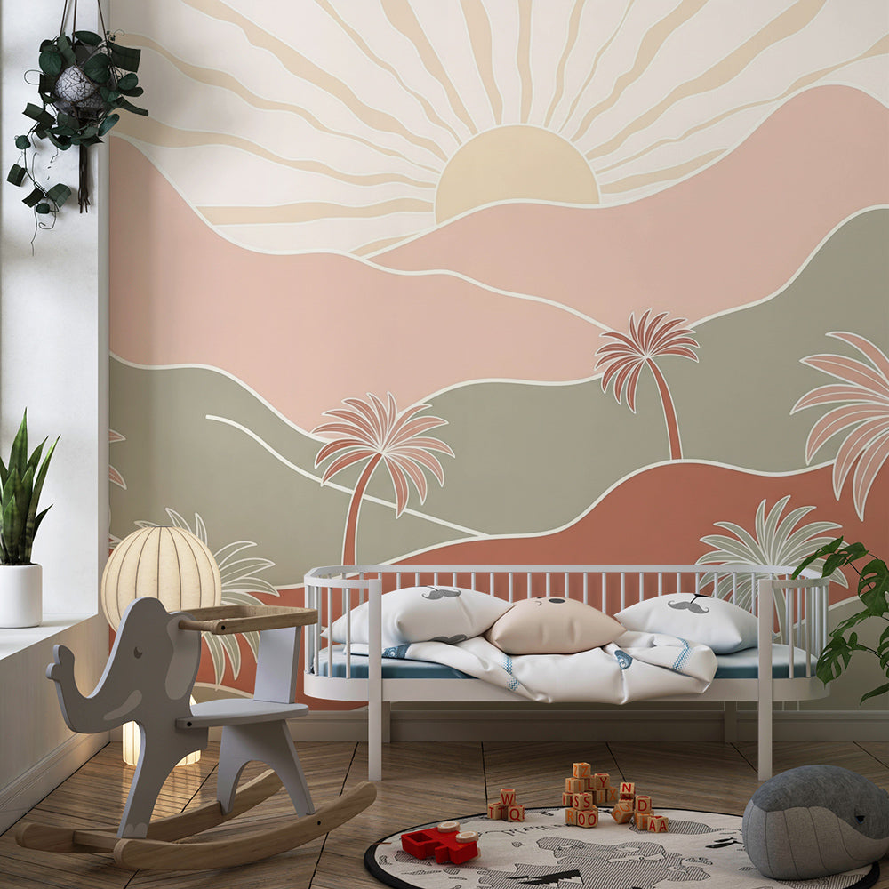 Kids-Mundo pastel palm mountain wall mural decorating a bright playroom