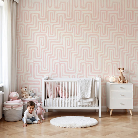 Kids-Mundo pastel pink labyrinth wall mural styled in a soft pastel nursery setting.