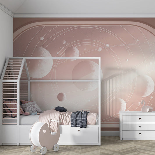 Kids-Mundo pastel planet wall mural shown as a feature wall in a calm children's bedroom
