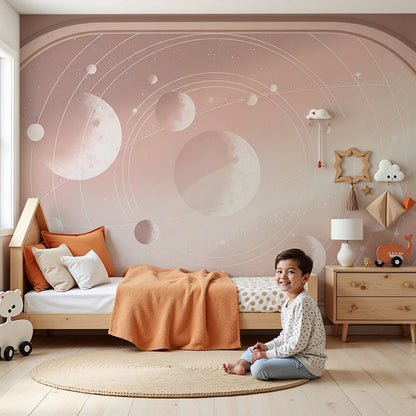 Kids-Mundo pastel planet porthole wall mural styled in a soft nursery with a cot and blush pink accents