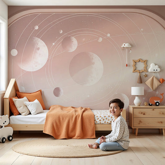 Kids-Mundo pastel planet porthole wall mural styled in a soft nursery with a cot and blush pink accents