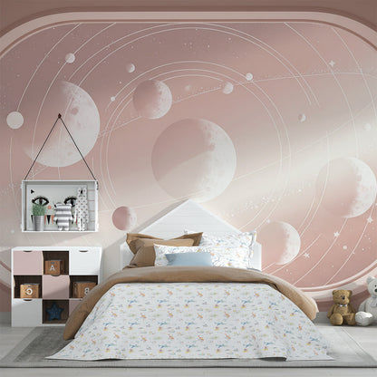 Kids-Mundo pastel planet porthole mural decorating a bright playroom wall for imaginative play