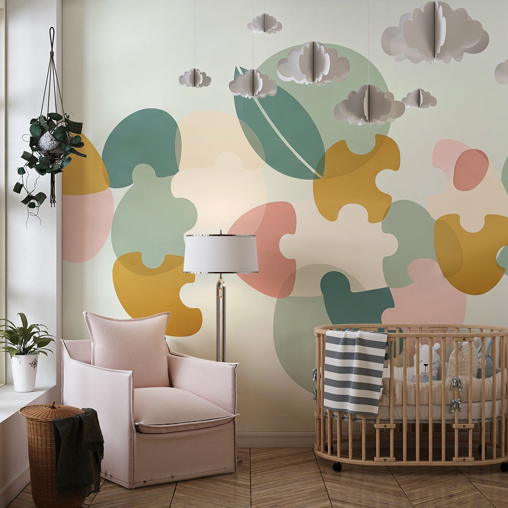 Kids-Mundo leaf and puzzle wall mural made to measure on a feature wall in a kids bedroom