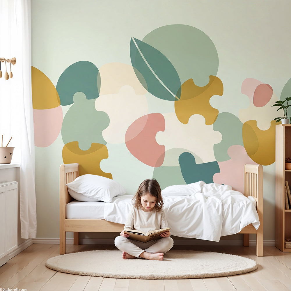 Kids-Mundo pastel puzzle shapes wall mural behind a cot in a calm, muted nursery