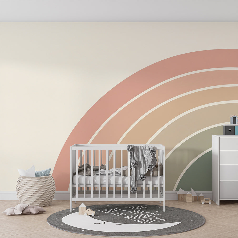Kids-Mundo pastel rainbow wall mural as a feature wall in a young child's bedroom